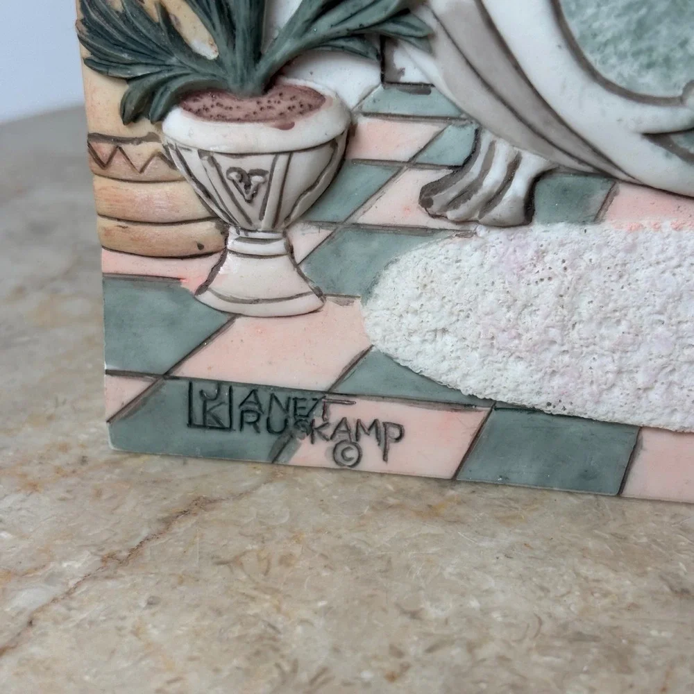 Janet Kruskamp 3D   Plaque 8x6 Pastel Victorian Bathroom Clawfoot Tub Art